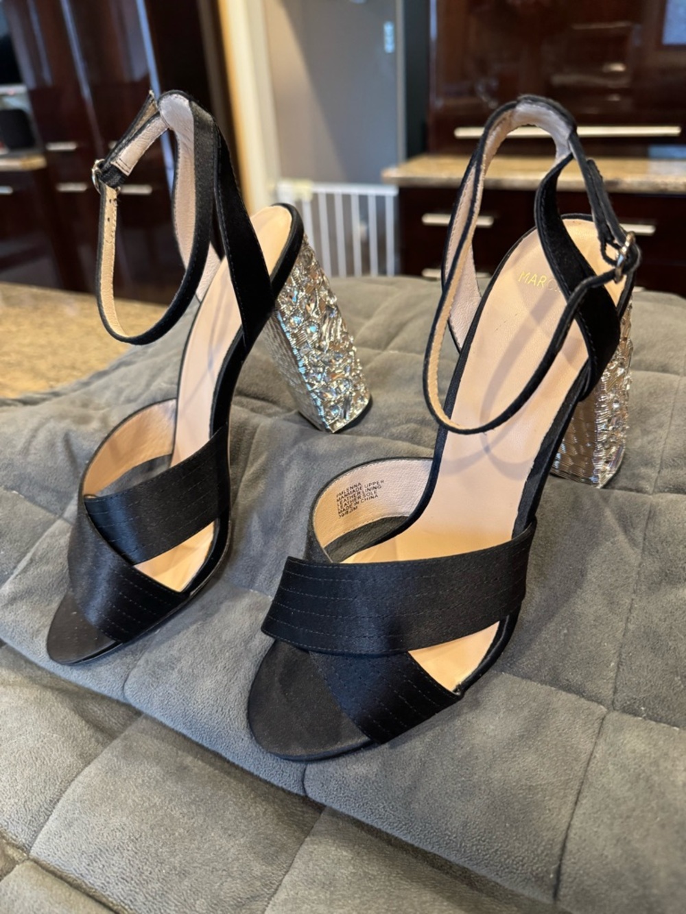 Marciano Black Ankle-Strap Sandals with Silver Crystal Block Heel